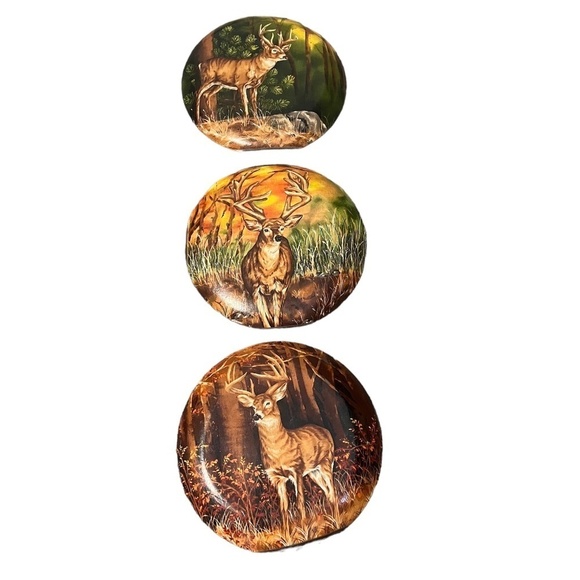 Set Of 3 Handmade Deer Wildlife Buck Design Decorative Plates, 13 inches